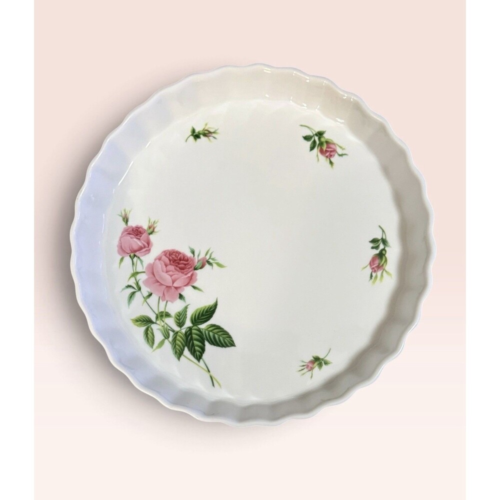 Christinelholm Pink Rose Floral Fluted Ceramic Tart Quiche Pie Dish 9.5"